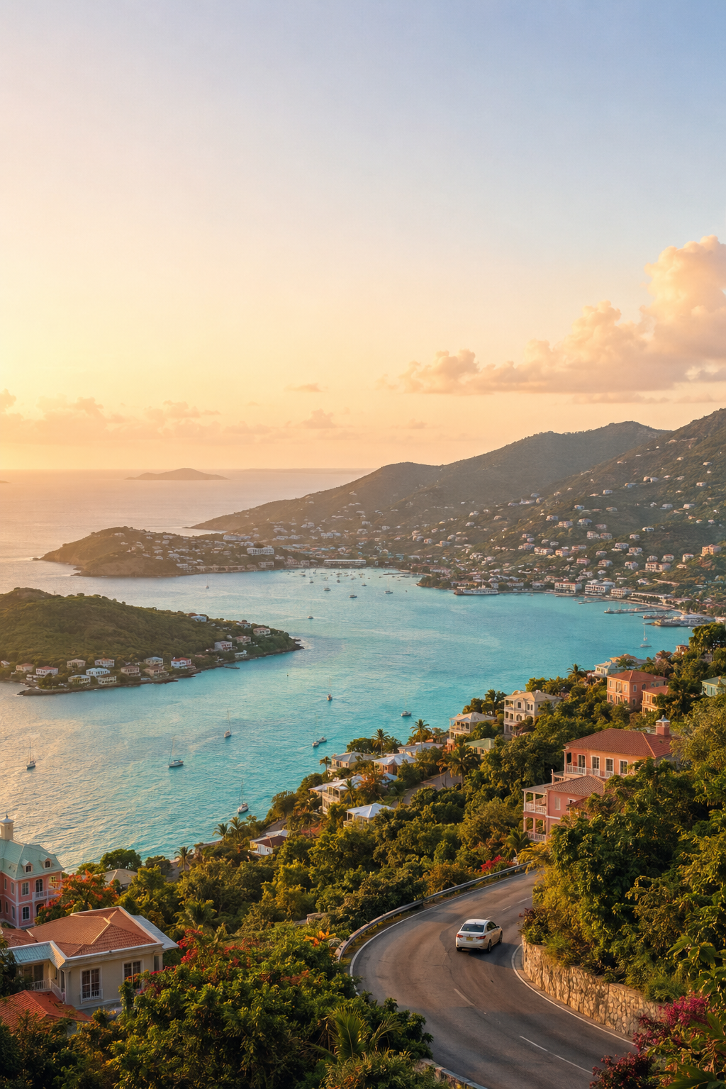 Editorial Caribbean island scene overlooking the turquoise harbor and hills of St. Thomas